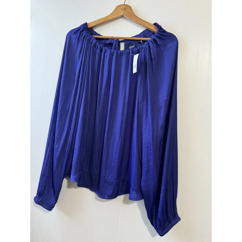 NEW Gap Long Sleeve Silky Bow Back Top Bright Cobalt Sz M Womens